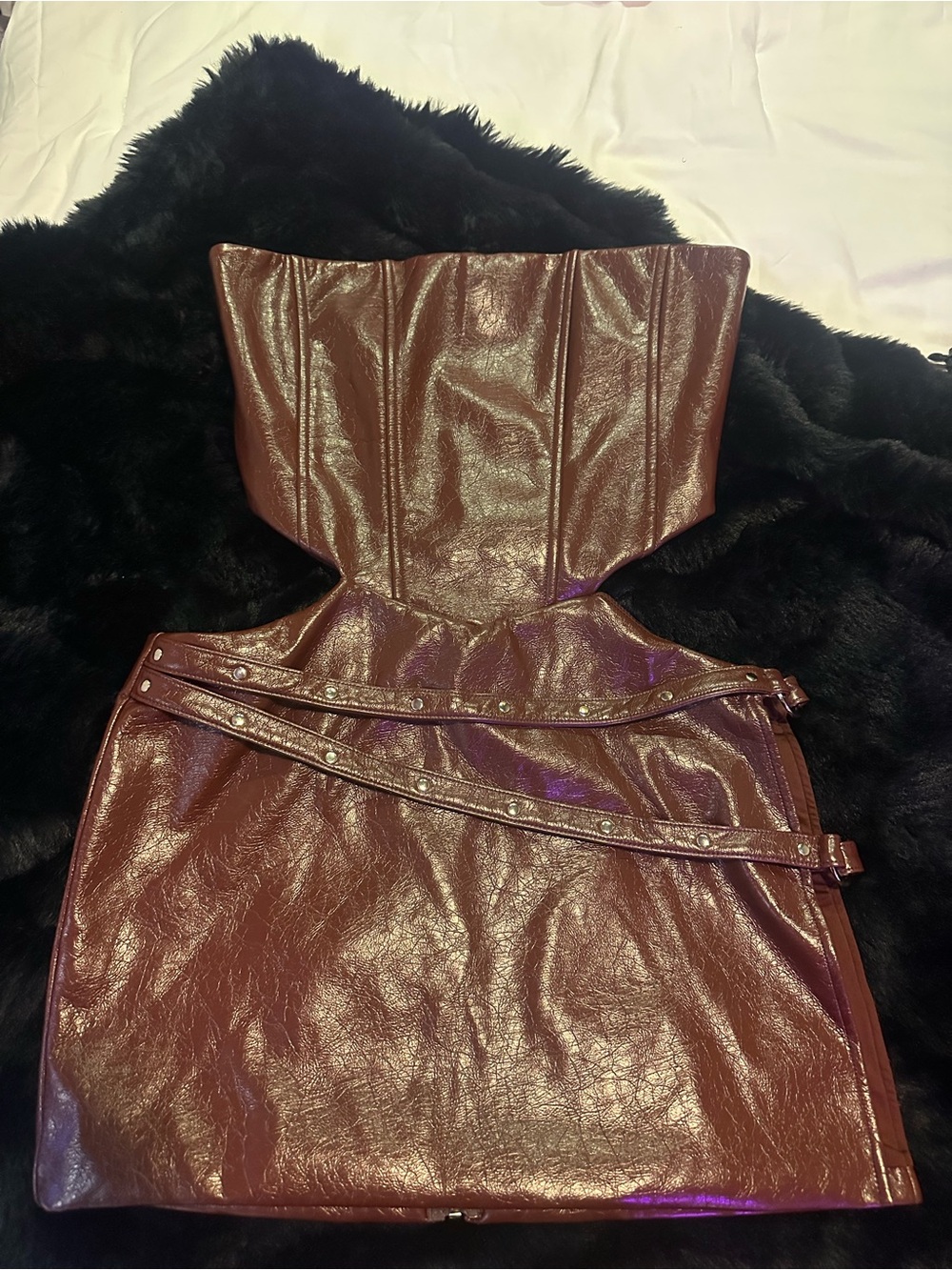 Strapless Faux Leather Mini Dress in Deep Burgundy